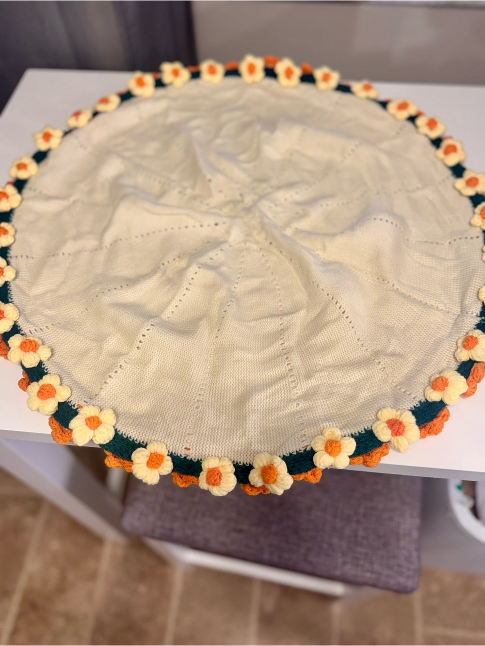 Vintage Inspired Crocheted Round Blanket with Flower Trim - Approximately 25”